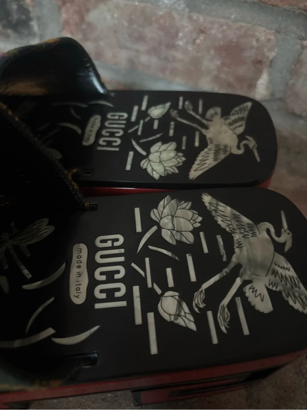 Gucci Mother of Pearl Jacquard Embroidered Floral Platform Sandal - Black & Red - Picture 8 of 12